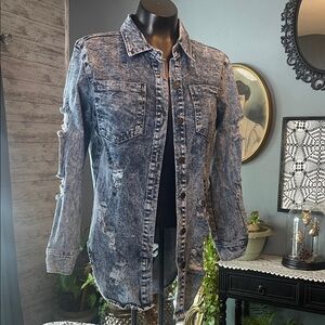 Thrill Distressed Denim Button Down Shirt